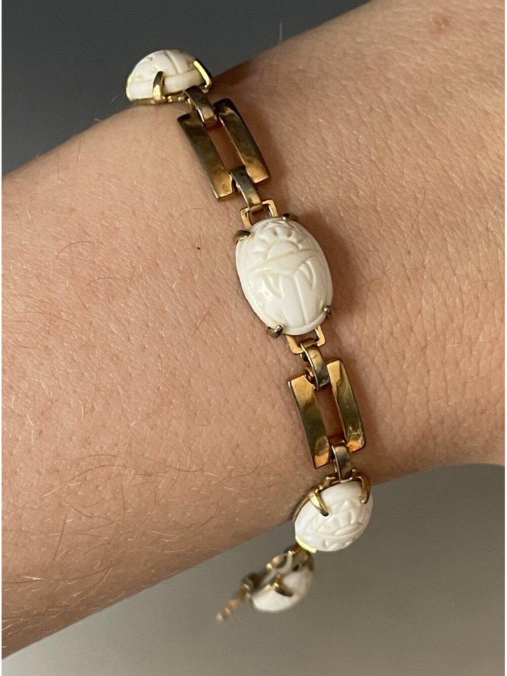 Retro Vintage Mid-Century Milk White Glass Scarab Egyptian Revival Bracelet